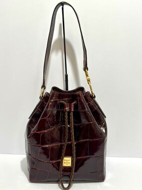 Dooney & Bourke Denison Drawstring  Bag In Crocodile Embossed Bordeaux Leather